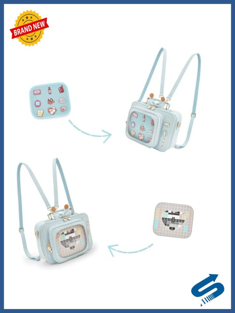 Faux Leather TV Shaped Ita Bag Crossbody Backpack Clear Window Pin Display - Picture 6 of 6